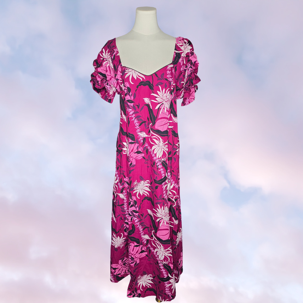 Two Palms Hawaii Pink Floral 100% Cotton Ruffle Sleeve Hawaiian Maxi Dress XL